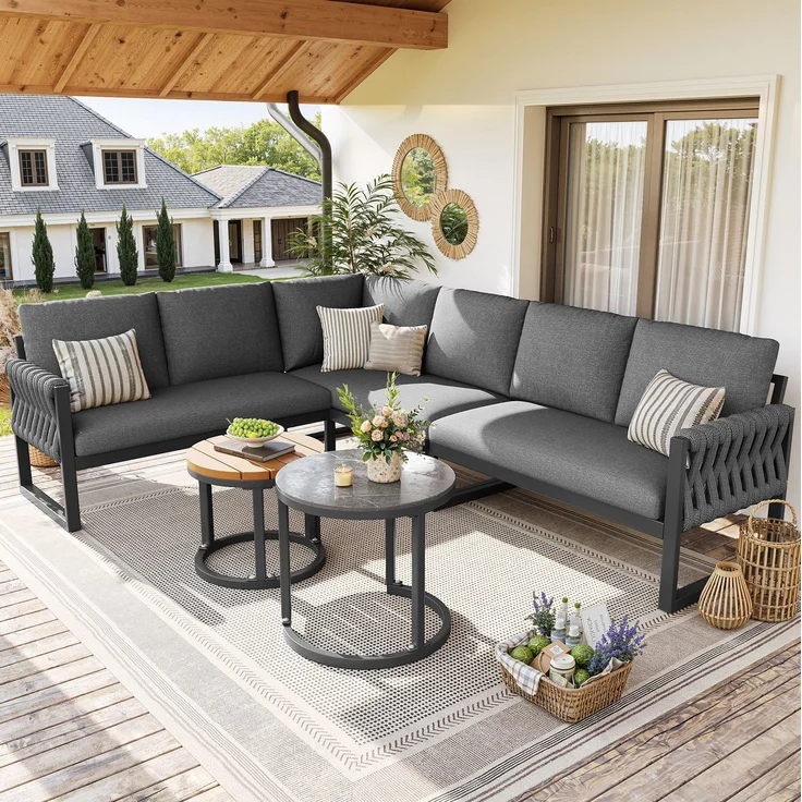 Gartenlounge-Set mit 2 Sesseln, Ecksofa und 2 Tischen, 233×178×86 cm, modular, Grau – Bild 1
