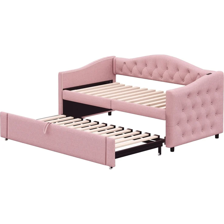 Polsterbett Ausziehbares Schlafsofa, 90*200 cm, Mit USB-Anschluss, Klassische Form mit Knöpfen mit Lattenrost, Multifunktionsbett - Gästebett, Leinenstoff, Grau (Matratze nicht enthalten) – Bild 9