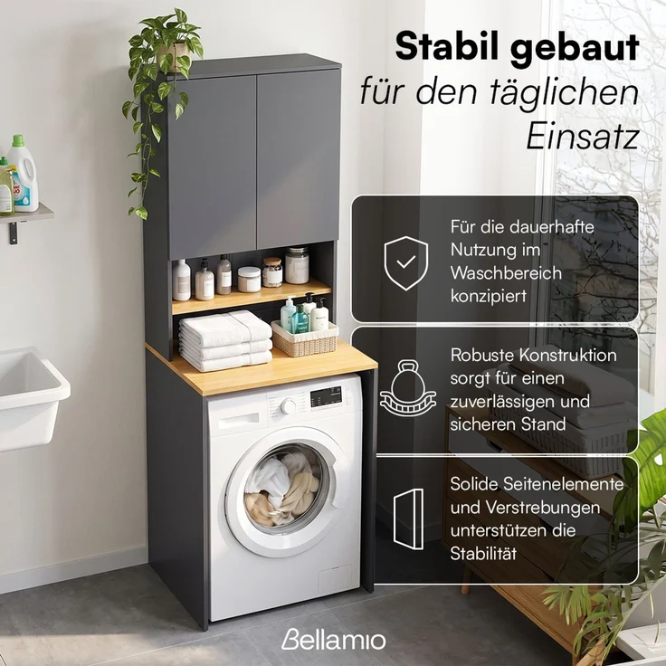 Bellamio 'Vist' Waschmaschinenschrank mit Regal und Oberschrank, Waschturm für Waschmaschine & Trockner, mit 2 Fächern und 2 Ablagen, mit Wandanschluss für Standardgeräte, Bad/HWR, Anthrazit/Eichenoptik – Bild 7