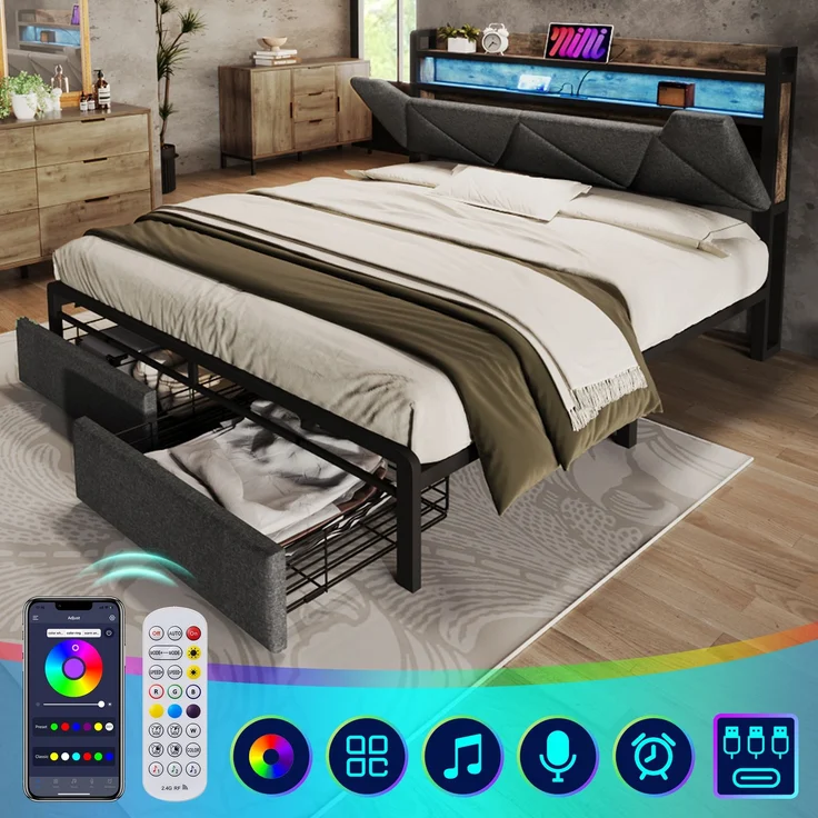 EINHOM Polsterbett mit USB Typ C Ladefunktion Stauraum-Kopfteil und LED-Beleuchtung und Schubladen, Doppelbett 140x200 Cmstauraumbetten Bettgestell mit Lattenrost aus Metallrahmen, Grau, (Ohne Matratze) – Bild 6