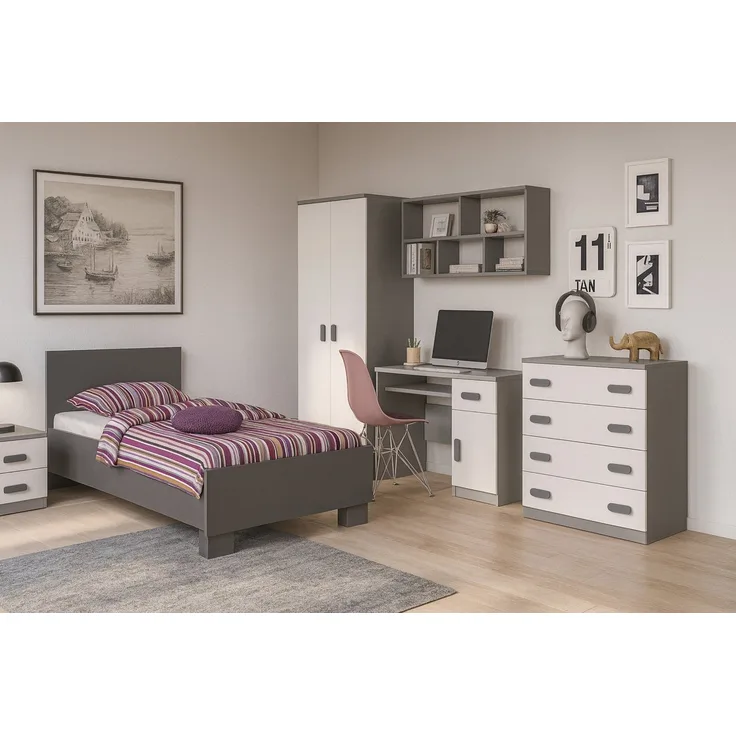 Deine Möbel 24 Jugendzimmer-Set INGE Jugendzimmer Jugendmöbel Kinderzimmer komplett 6-teilig, (Kindermöbel aus Laminatplatte, 6-tlg, Bett, Nachttisch, Schreibtisch, Hängeregal, Kleiderschrank, Kommode), Kinderzimmer Set Weiß Griffe Rosa Blau Grün Grau ...