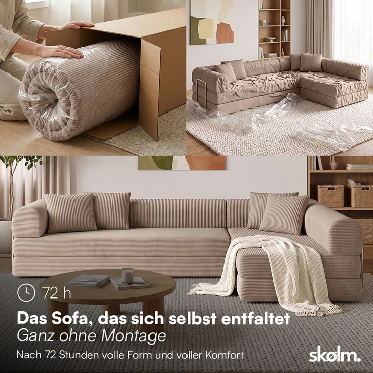 skølm 'Lofn' Modulares Sofa 4 Sitzer, 300x200 cm, Vollschaumcouch mit Metallgestell, Cord taupe, Schlafsofa vakuumverpackt, kein Aufbau erforderlich – Bild 3