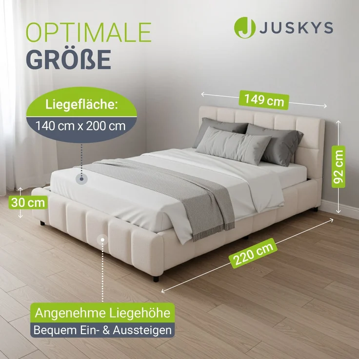 Juskys Polsterbett Florenz 140 x 200 cm – Bouclé, modernes Bett mit Kopf- & Fußteil, stabilem Holz- & Metallrahmen, Lattenrost, 500 kg Tragkraft – Creme – Bild 3