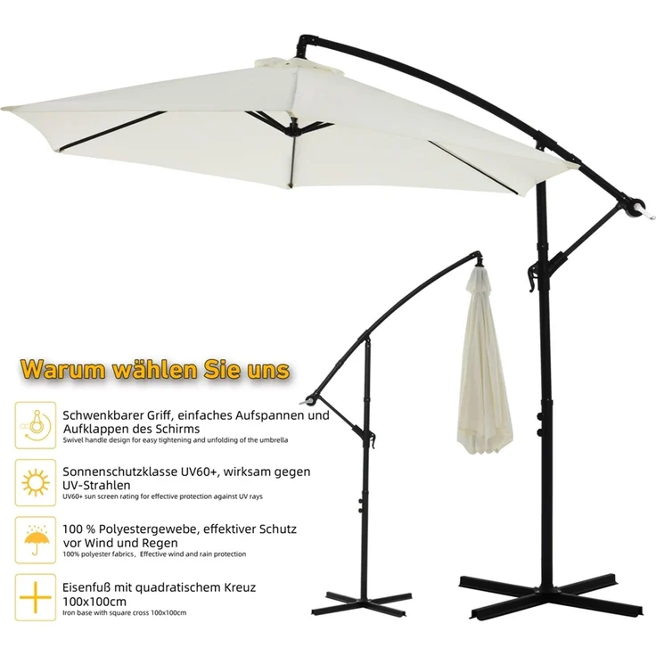 Ampelschirm ⌀3,5M Beige Sonnenschutz Kurbel Schattenspender Solar Gartenschirm – Bild 2