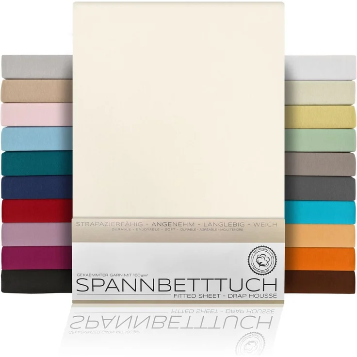 Beautex Spannbettlaken, Gummizug: rundum, (1 Stück), gekämmte Baumwolle Premium Jersey, 160g/m², Elfenbein, Topper - 90x200x15 cm – Bild 1