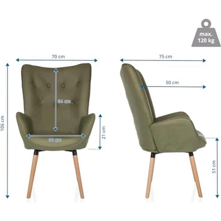 hjh LIVING Ohrensessel in Velour-Optik HAVENIO I Sessel für Wohnzimmer Schlafzimmer, Polsterstuhl mit Holzbeinen, Stoff Olivgrün – Bild 4
