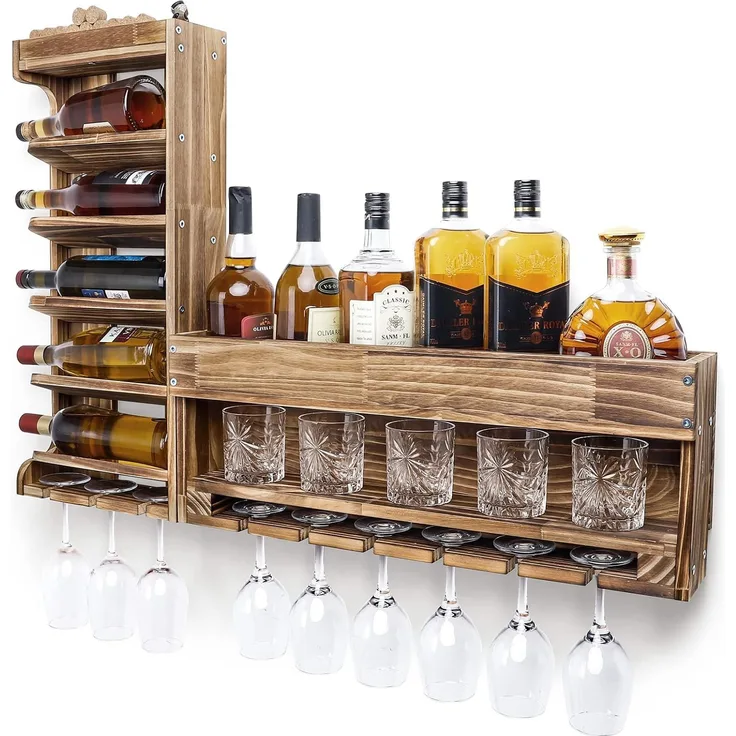 Yorbay Weinregal Weinregal aus Holz, Wandbar mit Korkhalter, Holzregal für Weingläser, Whiskygläser, Wandmontage Wand Flaschenhalter Vintage Stil für Hausbar