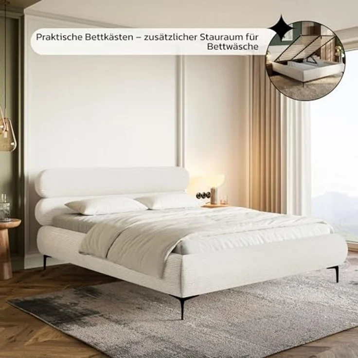 Selsey Polsterbett 140x200 cm Cord Creme – Bett mit Stauraum und Bettkasten, gepolstertes Bett mit Lattenrost und Metallrahmen, Doppelbett Schlafzimmer mit schwarzen Füßen und Gasdruckfedern – Bild 7