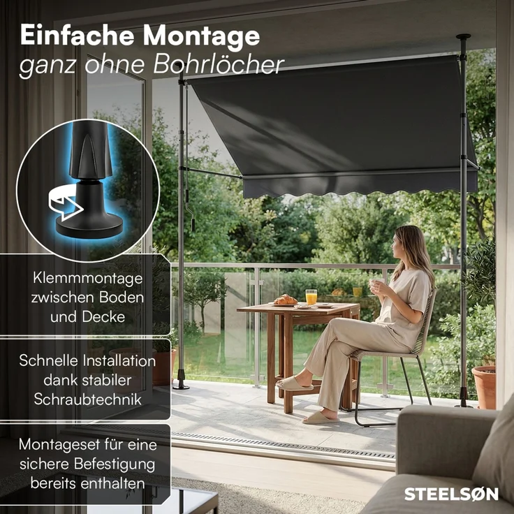 STEELSØN 'Dioran' Klemmmarkise mit Handkurbel 350x180 cm, anthrazit, stufenlos höhenverstellbar, wetterfest und UV-beständig, Balkonmarkise ohne Bohren – Bild 3