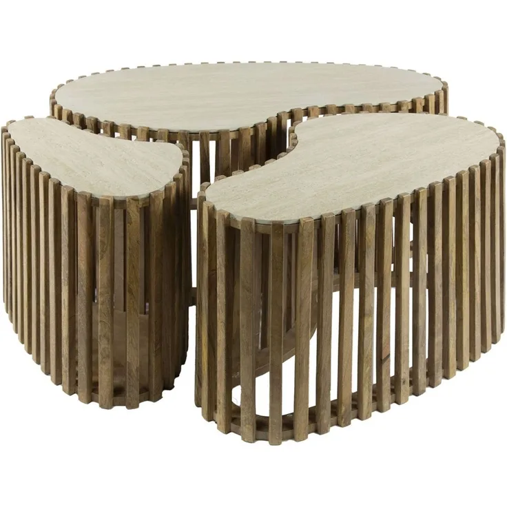 Couchtisch 3er-Set Tratin aus massivem Mangoholz, skandinavisches Design, nierenförmig, natur-beige