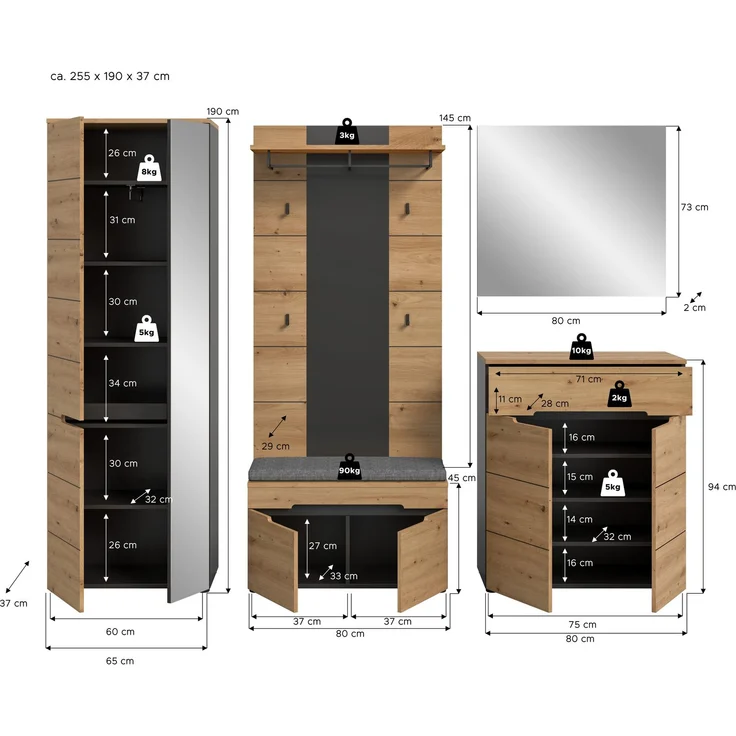 Garderobenkombination inkl. Sitzkissen (B/H/T: 255x190x37 cm) in Artisan Nachbildung – Bild 4