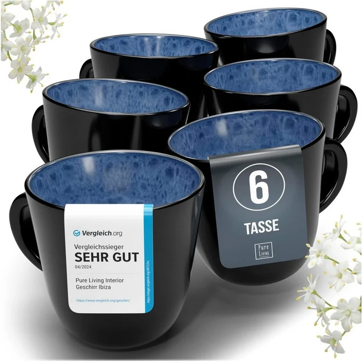 Steingut Kaffeetassen 6 Personen Ibiza TESTSIEGER, Traumhaftes Mediterranes Steingut Tassen Set, Stylisches Tee- und Kaffeebecher Set, Pure Living in Tiefblau – Bild 1