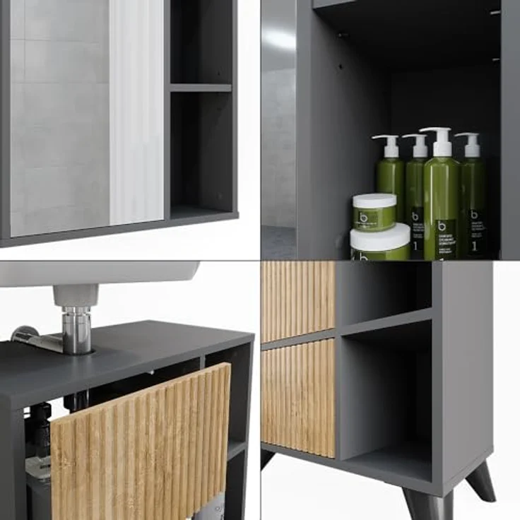Vichy Badmöbel-Set Leano, 2-teilig, Anthrazit/Bergeiche, inkl. Waschbeckenunterschrank und Spiegelschrank – Bild 6