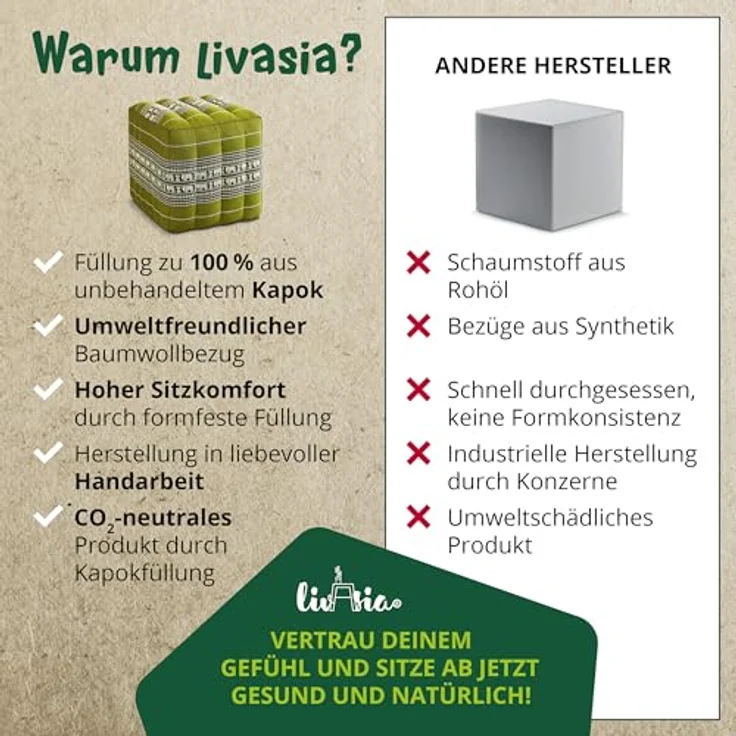 livasia Polsterhocker Würfelkissen, vegan und handgefertigt, 40x40x40cm, Kapok – Bild 6