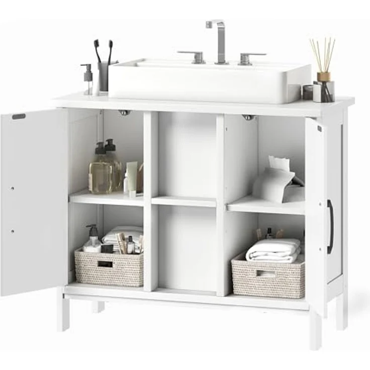 YITAHOME Waschbeckenunterschrank, Standwaschbecken Schrank mit 2 Türen, Waschtisch mit Ablage, Waschbeckenunterschrank mit U-Ausschnitt, Weiß – Bild 1