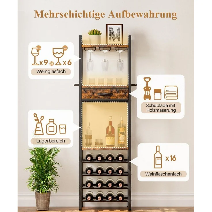 Yorbay Weinregal Vintage Design,Weinständer aus Holz& Metall für 16 Flaschen, 15 Gläser Weinregal mit Ablagefläche und Schublade, für Küche, Wohnzimmer oder als Geschenk – Bild 3