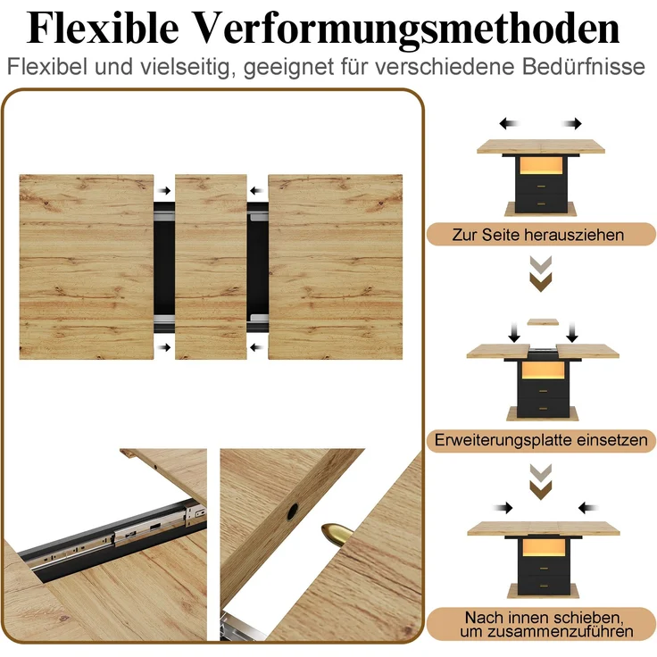 Ausziehbarer Esstisch mit LED-Beleuchtung 110/140x80x75 cm, Holzoptik, schwarzer Schrank & 2 Schubladen – Bild 9