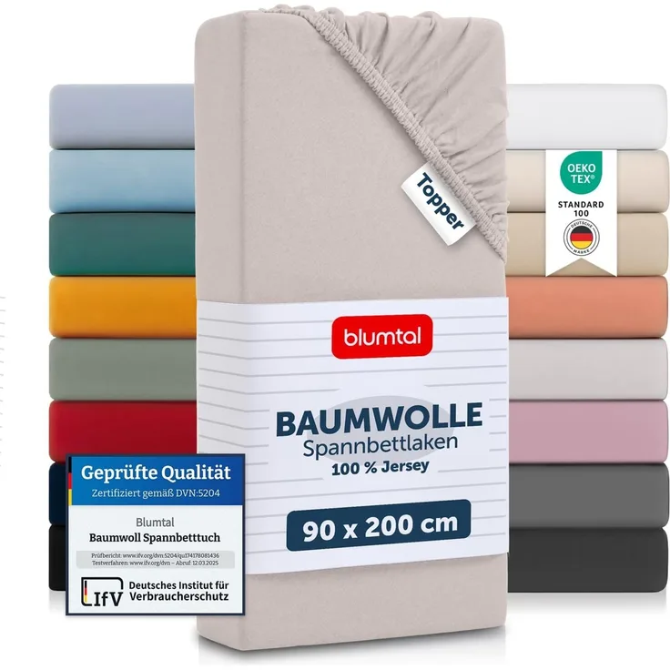 Blumtal® Baumwolle Spannbettlaken für Topper 90x200 cm Basics Jersey - Bettlaken 90x200 cm - Oeko-TEX zertifiziertes Spannbetttuch 90x200 cm - Topper Spannbettlaken 90x200 cm - Elfenbein