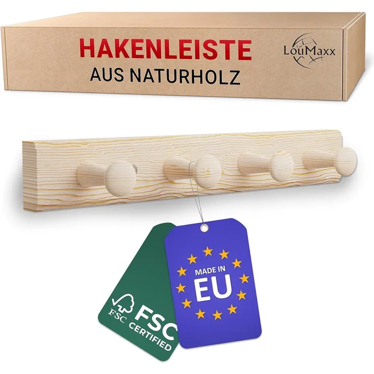 LouMaxx Hakenleiste Holz aus Kiefer mit 4 Holzhaken – Wandgarderobe Holz - Garderobe Kinder - Garderobe Holz - Kleiderhaken Holz zur Wandbefestigung aus Nicht behandeltem Kiefernholz