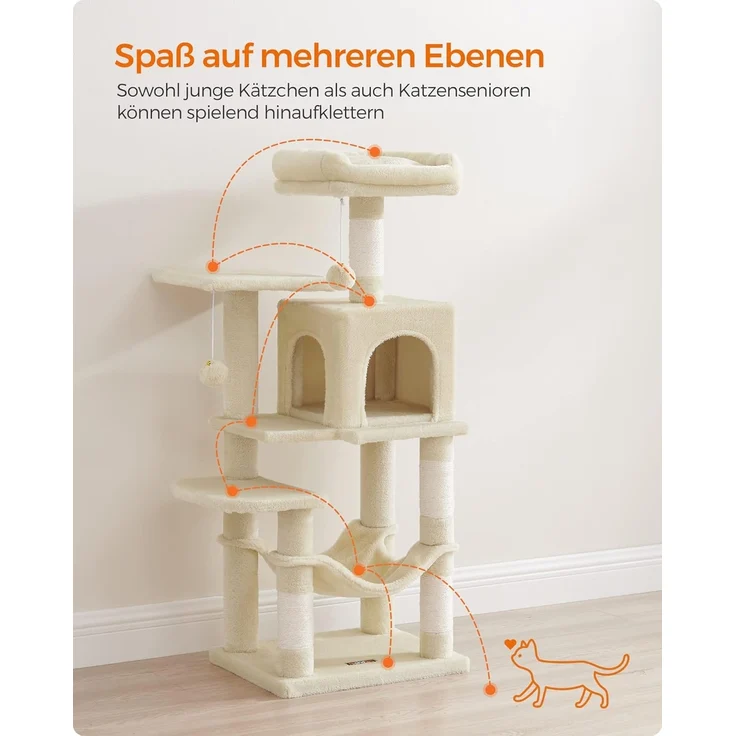 Feandrea Kratzbaum, 112 cm hoch, Katzenbaum, mehrstöckiges Katzenhaus, mit 4 Kratzsäulen, 2 Plattformen, Hängematte, Höhle, beige PCT261M01 – Bild 3