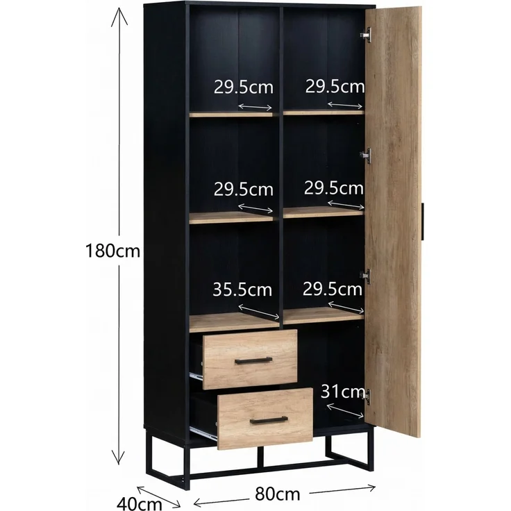 Moderner Highboard Schrank 80x40x180 cm – Holzoptik mit schwarzem Rahmen, mit Tür, 2 Schubladen & 3 offenen Fächern – Vielseitiger Stauraum für Wohnzimmer, Büro & Flur--Schwarz, Holz--80x40x180cm--YOUDENOVA – Bild 4