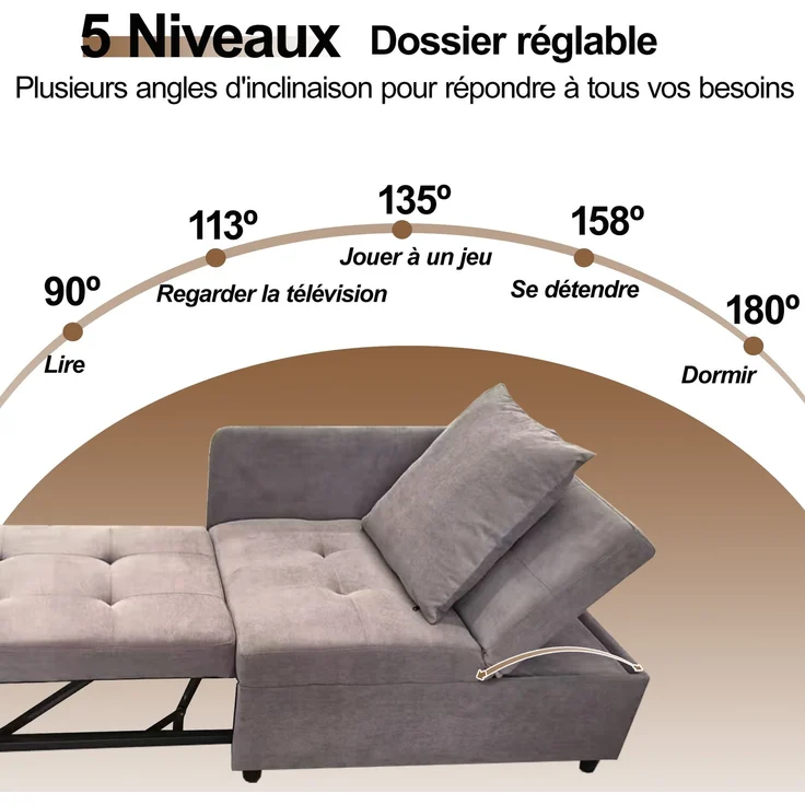 1-Sitzer Schlafsofa 177 x 68 x 65 cm, aus Leinenstoff mit 5-fach verstellbarer Rückenlehne – Bild 9