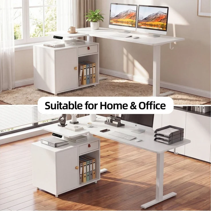 HOMALL Eckschreibtisch L-förmig Höhenverstellbarer schreibtisch mit Schrank und Schublade (Maße: 148 x 80 cm, mit integrierter Steckdose und USB-Anschluss, großzügiger Stauraum: mit Schubladen, Schränken und offenen Ablagefächern, maximale Tragkraft 70... – Bild 3