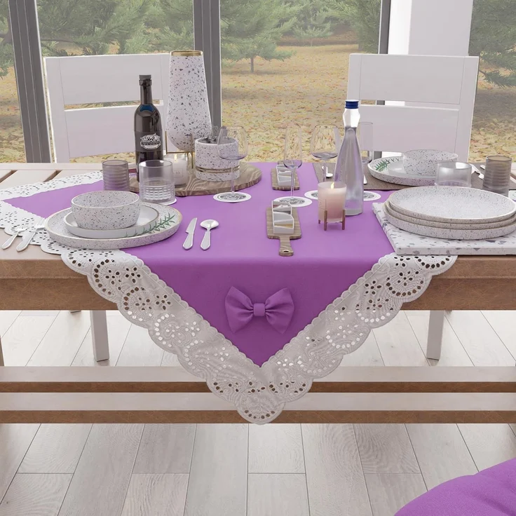 PETTI Artigiani Italiani - Elegante Mitteldecke, Tischläufer für die Küche, einfarbig mit Rüschen aus Spitze mit Fransen und Schleifen, Mitteldecke aus Baumwolle, Mitteldecke 95x95 cm