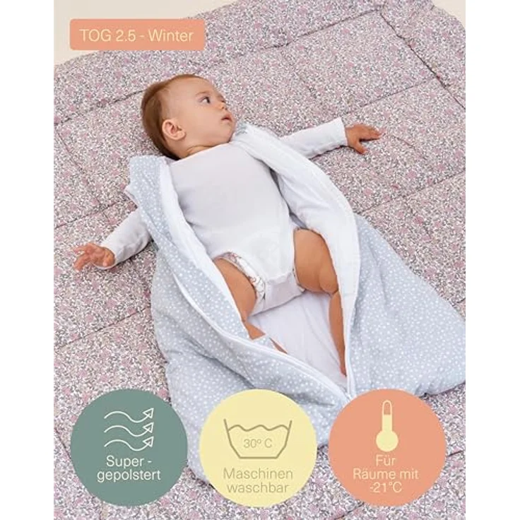 molis&co - Baby schlafsack ärmellos - Ideal für den Winter - Babyschlafsack tog 2.5 ohne Ärmel - 100% Baumwolle (Oeko-TEX 100), Premium Qualität - Grey Print (95 cm, 18-36 Monate) – Bild 5