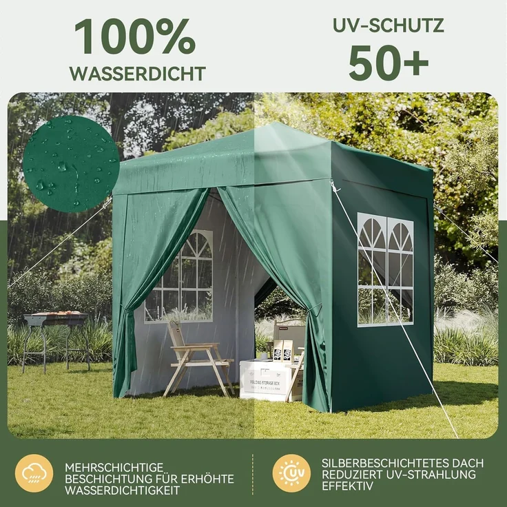 Aoxun Pop Up Pavillon 2x2m Wasserdicht mit 4 Seitenwänden, Metallrahmen-Schutzzelt, Höhe Verstellbar, Faltpavillon 2x2 mit Tragetasche für Camping Party, Grün – Bild 3