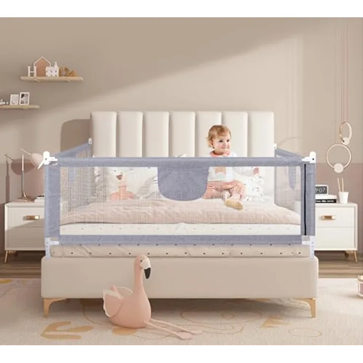HUOLE höhenverstellbares Bettgitter -Kleinkind Bettschutzgitter Bettgitter Kinderbettgitter Babybettgitter Gitter Kinderbett Babybett Rausfallschutz-1,8 m – grau