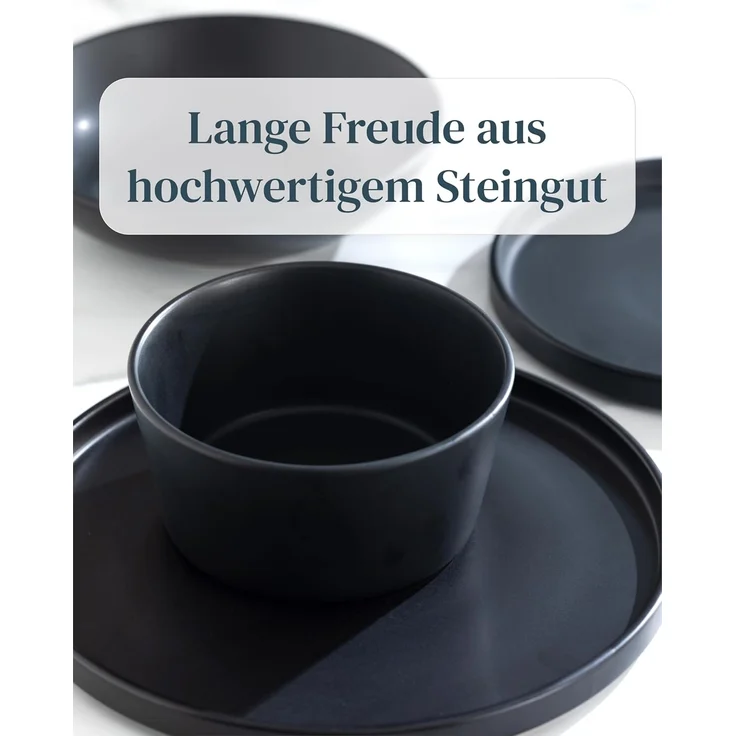Steingut Geschirrset 4 Personen Manhattan 12 tlg. TESTSIEGER, Cooles Urbanes Steingut Geschirr Set, Schüssel- und Teller Set, Tafelservice 4 Personen, Geschirrsets Pure Living in matt Schwarz – Bild 6