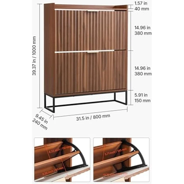 VEVOR Schuhschrank mit 2 Klappen, platzsparender Schuhkipper & Kippschutz, freistehender Schuhregal-Organizer für den Eingang Flur Wohnzimmer Veranda, Schuhregal 80 x 24 x 100 cm Braun – Bild 3