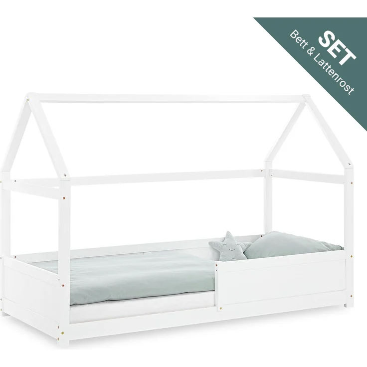 Kinderbett 90x200 cm Bodenbett Hausbett Holzbett Rausfallschutz Montessori Bett Weiß Kleinkinderbett Lattenrost – Bild 1