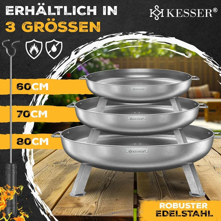 KESSER® Feuerschale mit 2,5 mm Stahldicke Feuerkorb aus Edelstahl / Stahl inklusive 42cm Feuerhaken aus Gusseisen, Wasserablauf & 2 stabile Griffe für Holz & Kohle Feuerstelle für Garten & Terrasse Ø 80 cm, Edelstahl – Bild 8