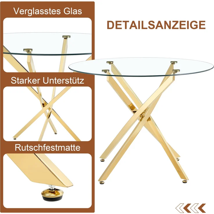 Esstisch 88x75 cm aus gehärtetem Glas und Metallgestell in Gold – Bild 7