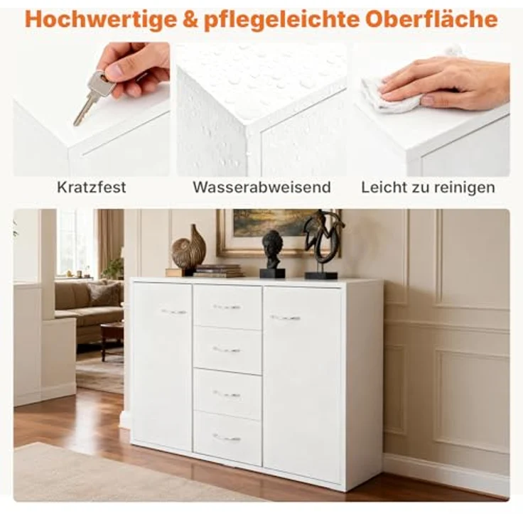 Sweetcrispy Kommode, Weißes Sideboard mit 4 Schubladen & 2 Türen, 88 × 30 × 64 cm, Viel Stauraum für Wohnzimmer, Flur & Schlafzimmer, Moderner Kommodenschrank – Bild 6