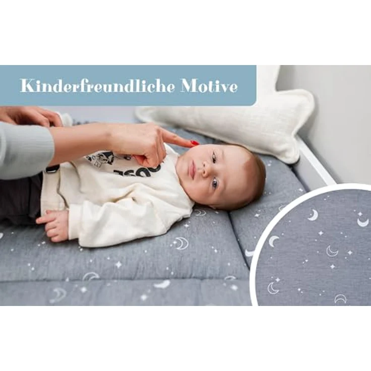 Wickelauflage Wickelunterlage aus Baumwolle 75x72 cm - Weich und waschbar Wickelunterlage für Babys Wickelmatte aus Stoff für Wickeltisch Wickelkommode oder Waschmaschine 75x72 Monde – Bild 6