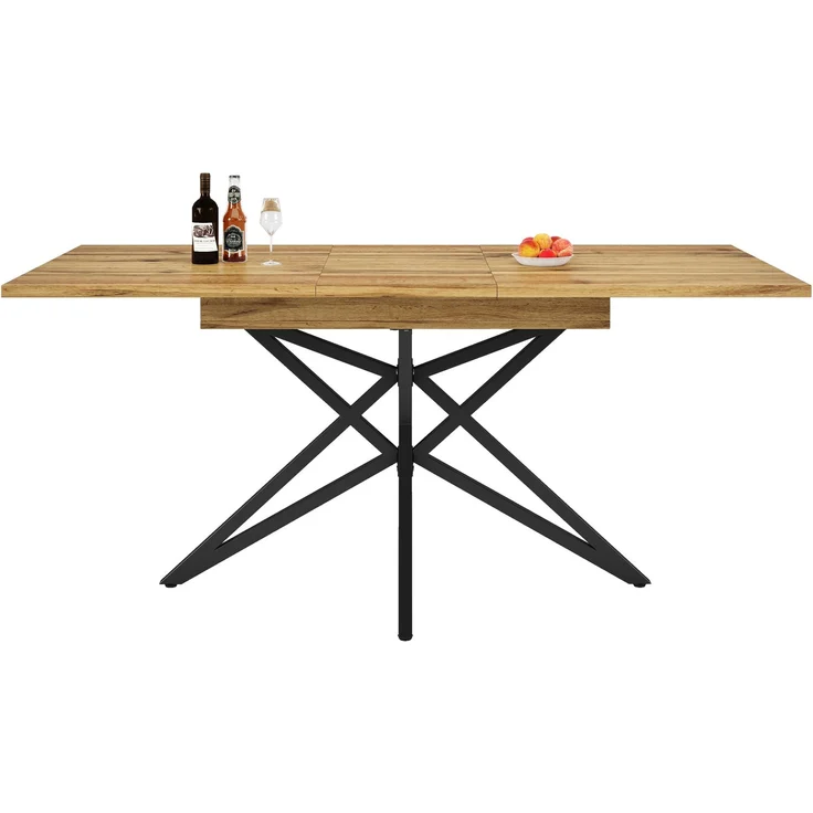 Ausziehbarer Esstisch 120 (160) x 80 cm, ausziehbarer Küchentisch, Frühstückstisch, sternförmige Tischbeine, schwarze Eisenbeine, Tischplatte aus Walnussholz/Marmorimitat – Bild 9
