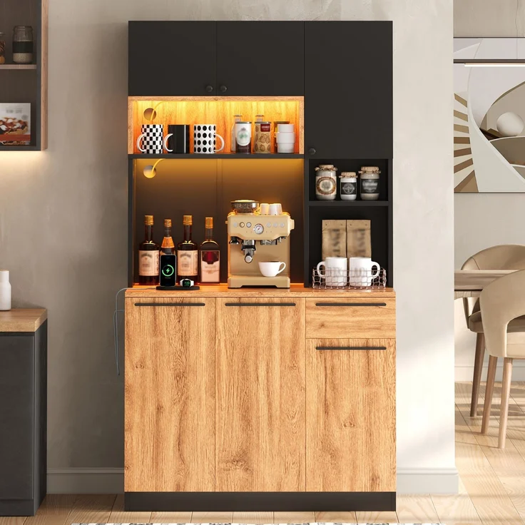 Küchenschrank, Hochschrank mit LED-Beleuchtung und Steckdosen, Vorratsschrank mit 6 Türen und 1 Schubladen, moderner Buffetschrank Sideboard für Küche, Wohnzimmer und Esszimmer, 100 × 40 × 180 cm--Natürlich--100x40x180cm--YOUDENOVA – Bild 5