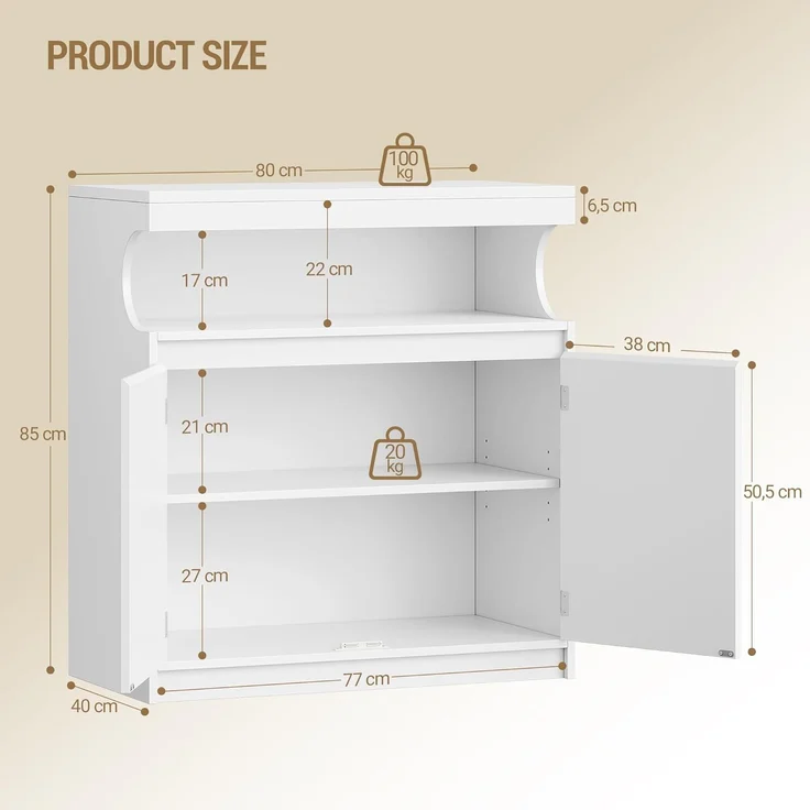 Sideboard, Küchenschrank mit 2 Türen, Buffetschrank mit Offener Fläche, Aufbewahrungsmöbel, verstellbare Einlegeböden, Küche, Wohnzimmer, 40 x 80 x 85 cm, Weiß – Bild 3