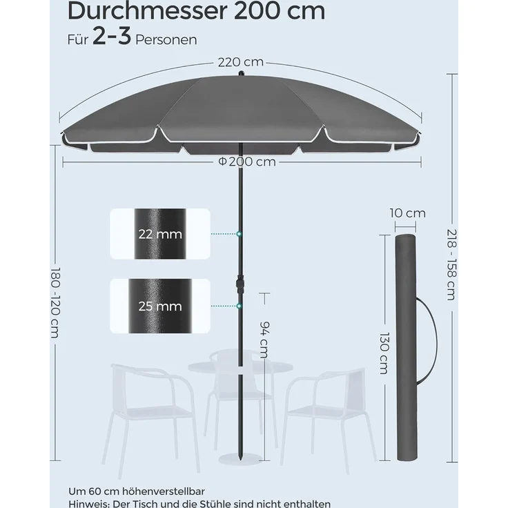 SONGMICS Sonnenschirm 200 cm, Sonnenschutz, UPF 50+, Strandschirm, beidseitig um 30° knickbar, höhenverstellbar, mit Tragetasche, für Balkon, Garten, Terrasse, Strand, ohne Ständer, grau GPU065G01 – Bild 7