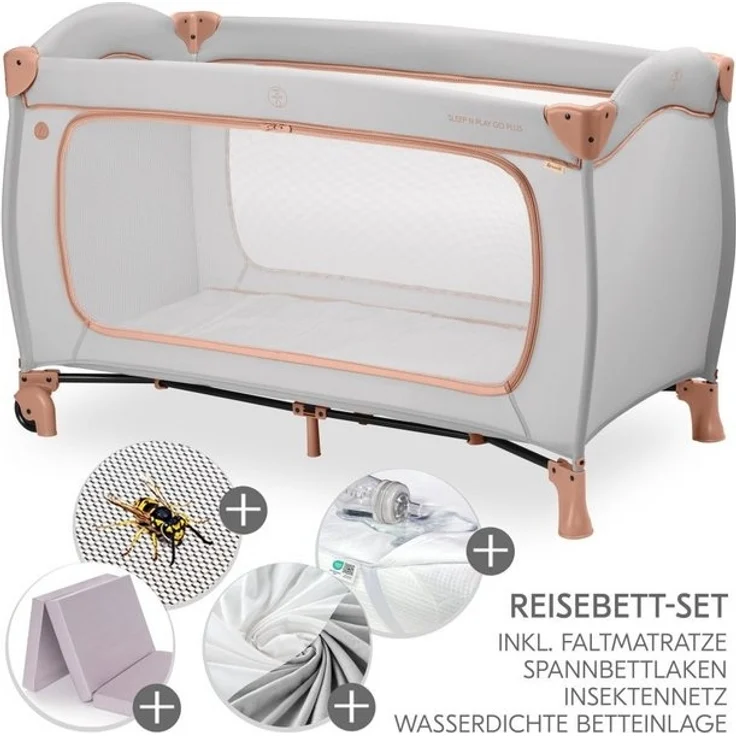 Hauck Baby-Reisebett Sleep N Play Go Plus XXL Set - Dusty Cork, Kinder Reisebett mit Matratze, Spannbettlaken & Insektenschutz faltbar – Bild 4