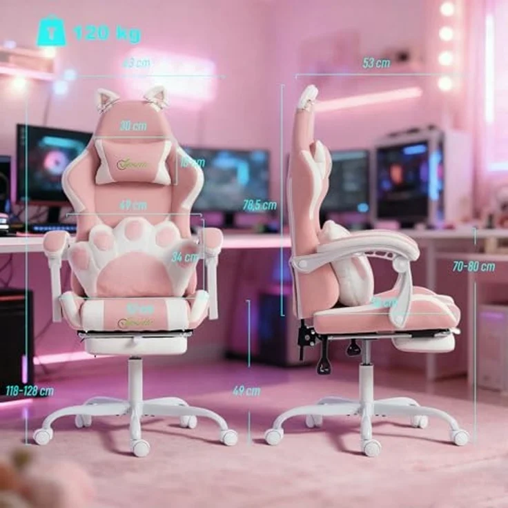 Vinsetto Gaming-Stuhl PC Stuhl Kunstleder (Computerstuhl, 1 St), Katzenohren, Lendenkissen mit Katzenpfoten, Fußstütze – Bild 3