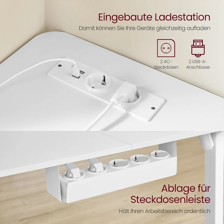 VASAGLE Höhenverstellbarer Schreibtisch elektrisch, L-förmiger Eckschreibtisch, mit Ladestation, Memory-Funktion mit 2 Höhen, für Homeoffice, wolkenweiß-mattweiß, 140x160 cm – Bild 6