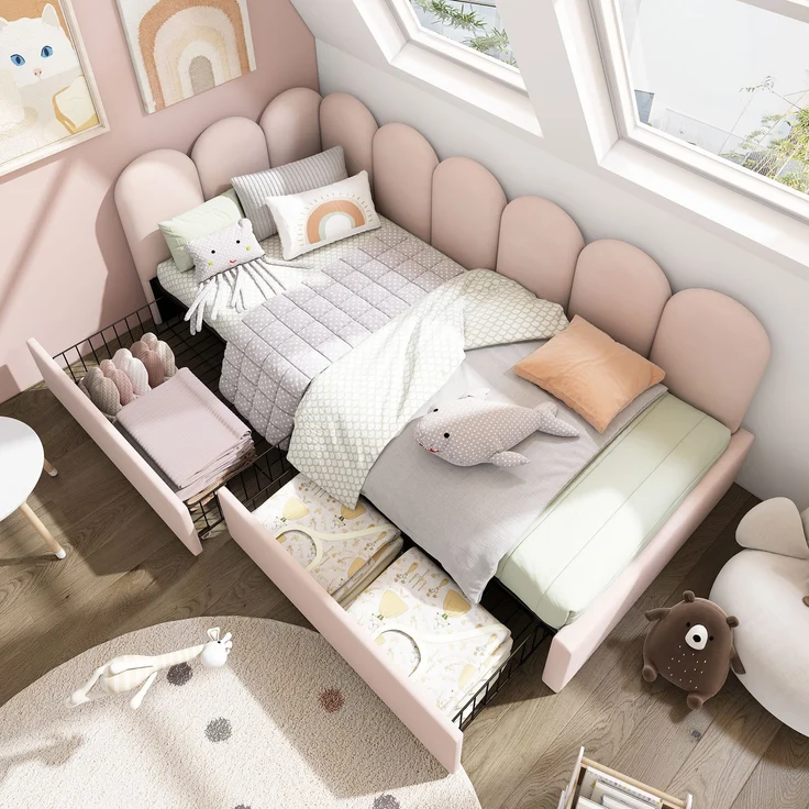 Daybed Rosa mit 2 Schubladen & Rückenlehne Samt Polsterbett 90x190 cm,Tagesbett Schlafsofa Gästebett,Stauraumbett – Bild 1