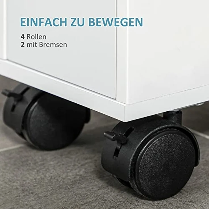 kleankin Badezimmerschrank mit Rollen, Nischenschrank mit 2 Schubladen, Badschrank mit offenem Fach, Badrollwagen, für Bad, 16 x 49,5 x 66 cm, Weiß – Bild 5