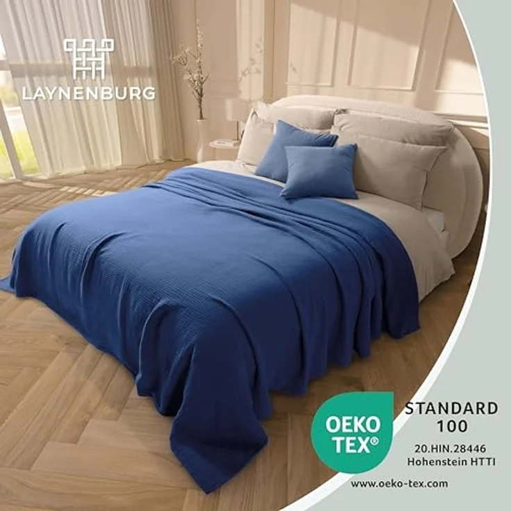 LAYNENBURG Premium Musselin Tagesdecke 180x220 cm - 100% Baumwolle - extraweiche Baumwolldecke als Kuscheldecke, Bett-Überwurf, Sofa-Überwurf, Couch-Überwurf - warme Sofa-Decke (Blau) – Bild 2