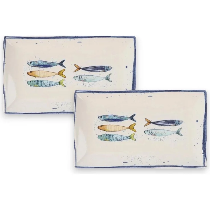 WestCraft Speiseteller Teller, mediterran mit Sardinen-Motiv, Maritime Servierplatte 25×15cm, (2 St), 2er Set, hochwertig und robust - langlebig und vielseitig einsetzbar