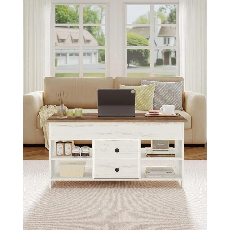 Couchtisch, höhenverstellbar, 2 Schubladen und Versteckter Stauraum, Weiß-Braun, 50 x 100 x 47,3-61,3 cm – Bild 2